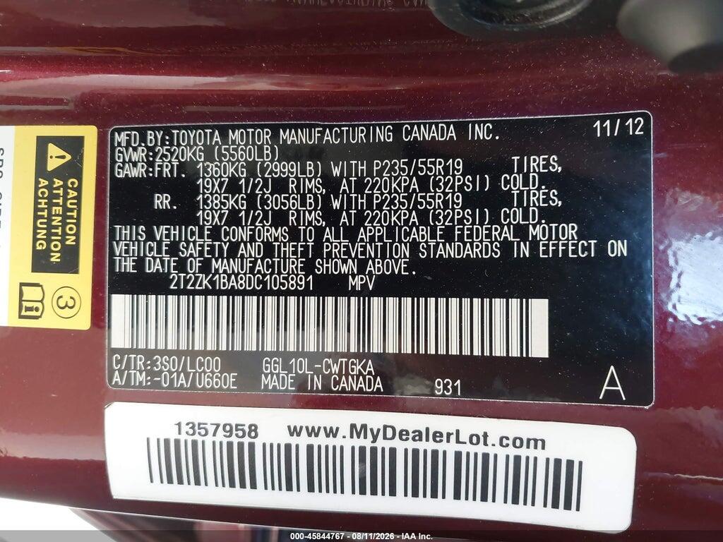 2T2ZK1BA8DC105891 2013 LEXUS RX 350 photo no. 9