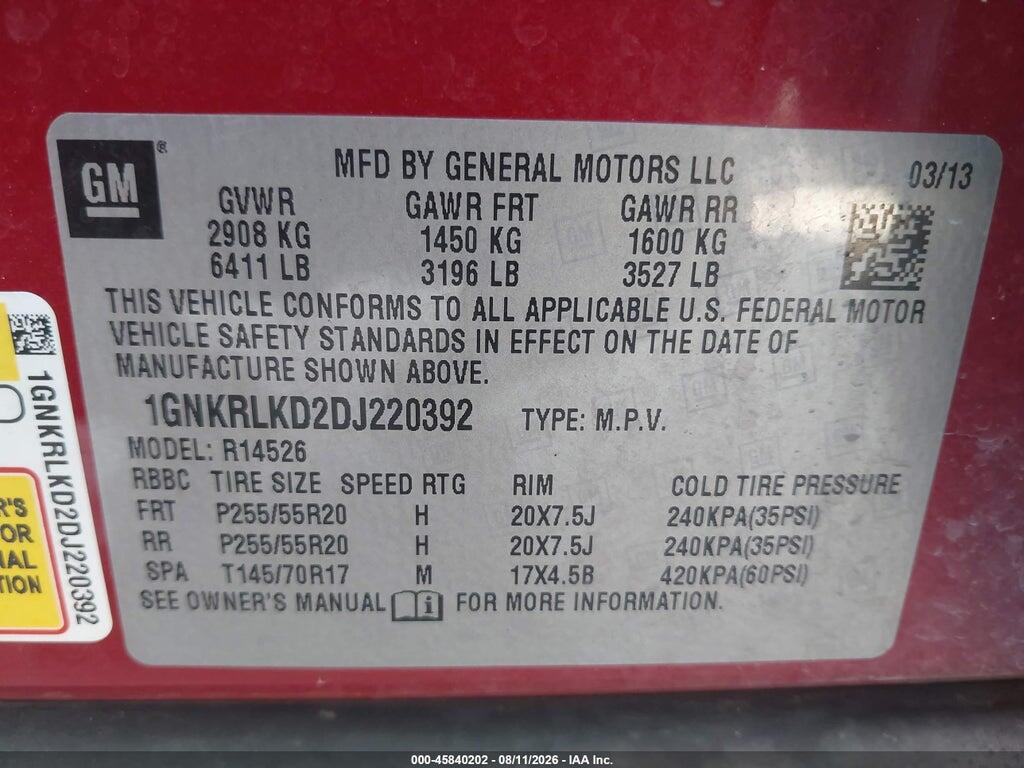 1GNKRLKD2DJ220392 2013 CHEVROLET TRAVERSE photo no. 9