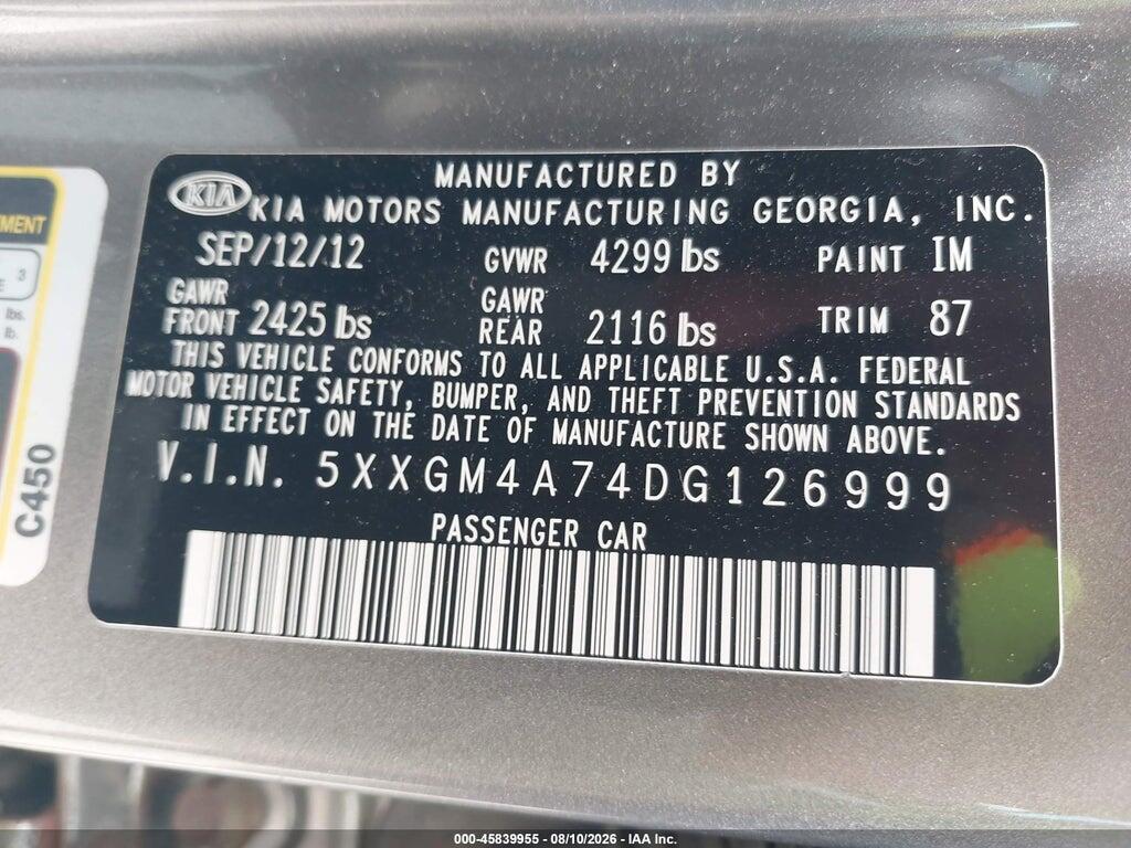 5XXGM4A74DG126999 2013 KIA OPTIMA photo no. 9