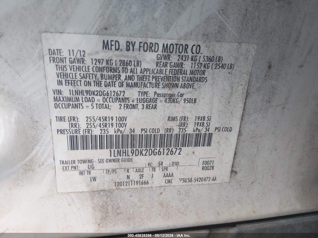 1LNHL9DK2DG612672 2013 LINCOLN MKS photo no. 9