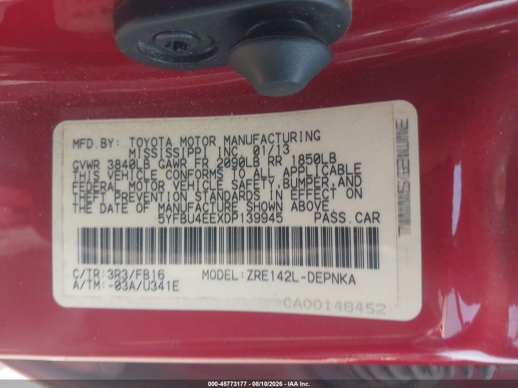 5YFBU4EEXDP139945 2013 TOYOTA COROLLA photo no. 9