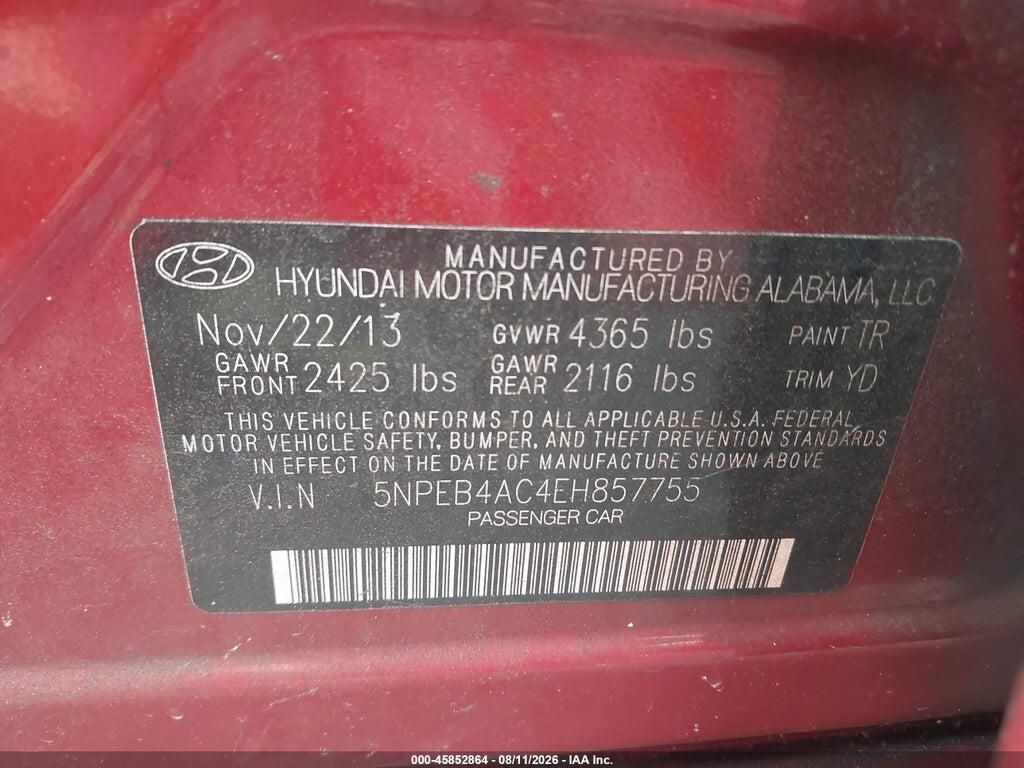 5NPEB4AC4EH857755 2014 HYUNDAI SONATA photo no. 9