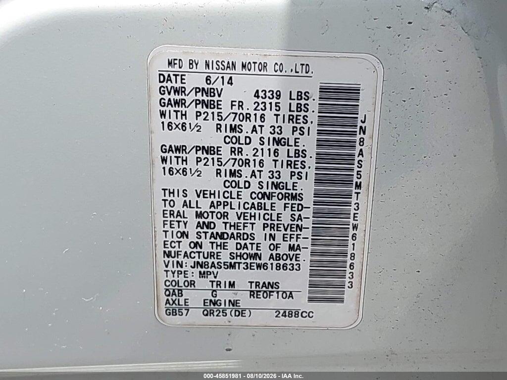 JN8AS5MT3EW618633 2014 NISSAN ROGUE SELECT photo no. 9
