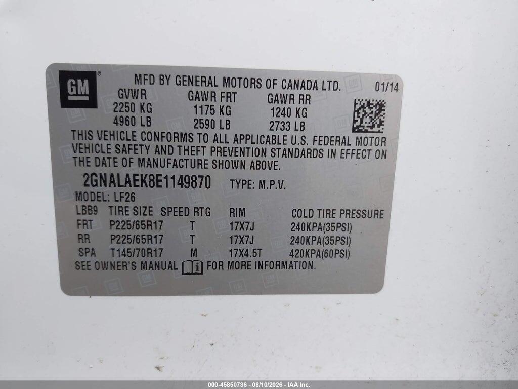 2GNALAEK8E1149870 2014 CHEVROLET EQUINOX photo no. 9