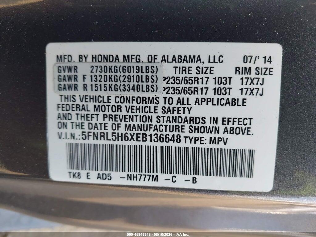 5FNRL5H6XEB136648 2014 HONDA ODYSSEY photo no. 9