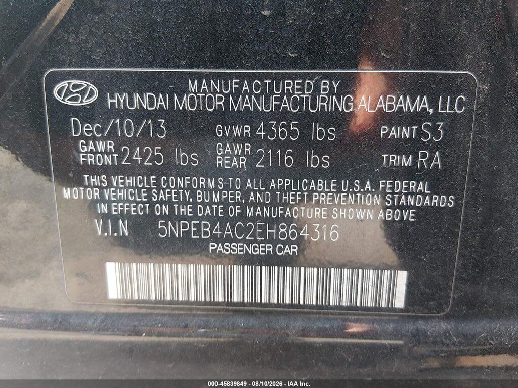 5NPEB4AC2EH864316 2014 HYUNDAI SONATA photo no. 9