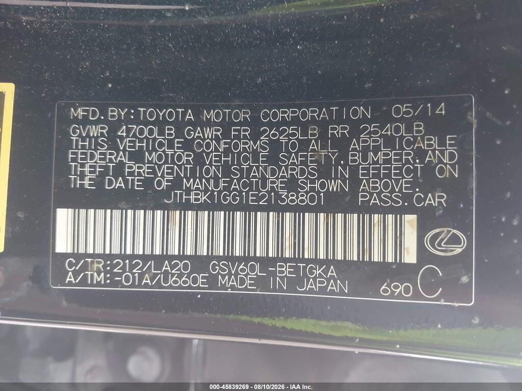JTHBK1GG1E2138801 2014 LEXUS ES 350 photo no. 9