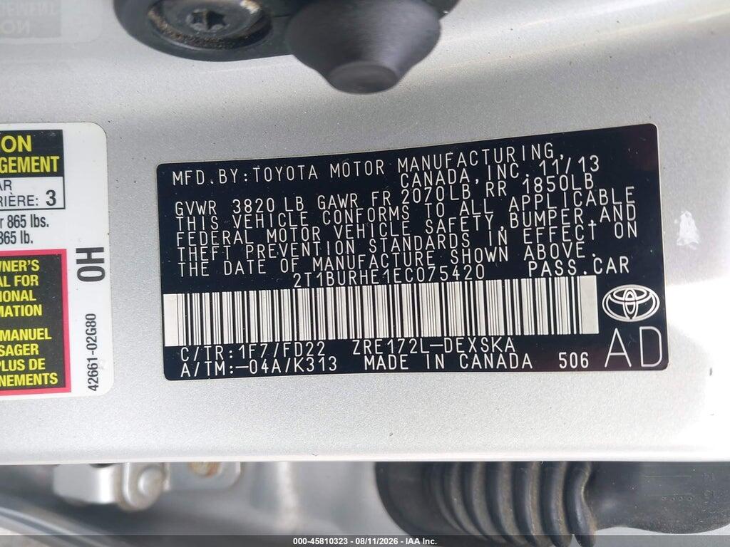 2T1BURHE1EC075420 2014 TOYOTA COROLLA photo no. 9