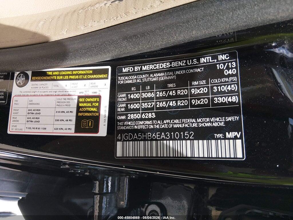 4JGDA5HB6EA310152 2014 MERCEDES-BENZ ML 350 photo no. 9