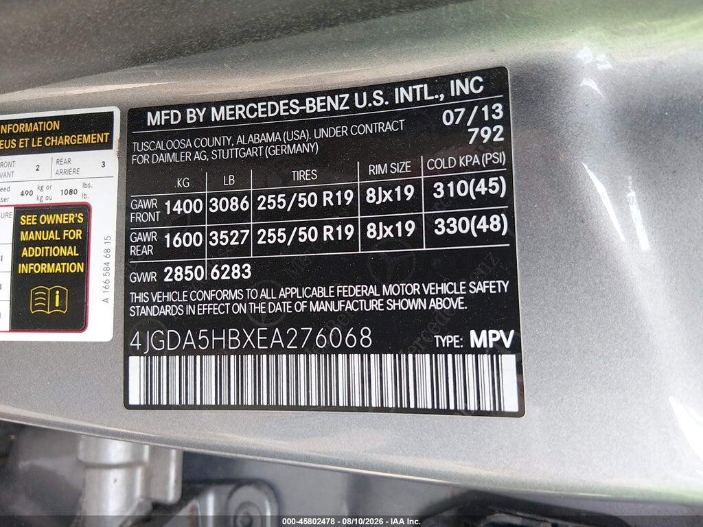 4JGDA5HBXEA276068 2014 MERCEDES-BENZ ML 350 photo no. 9