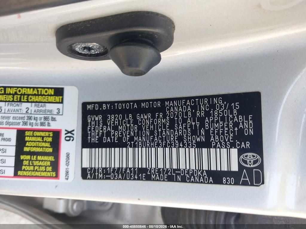 2T1BURHE3FC394335 2015 TOYOTA COROLLA photo no. 9