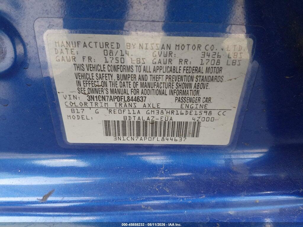 3N1CN7AP0FL844637 2015 NISSAN VERSA photo no. 9