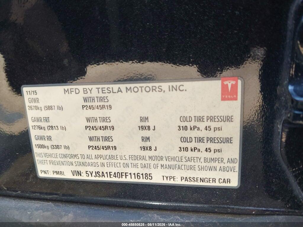 5YJSA1E40FF116185 2015 TESLA MODEL S photo no. 9