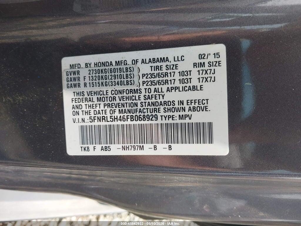 5FNRL5H46FB068929 2015 HONDA ODYSSEY photo no. 9