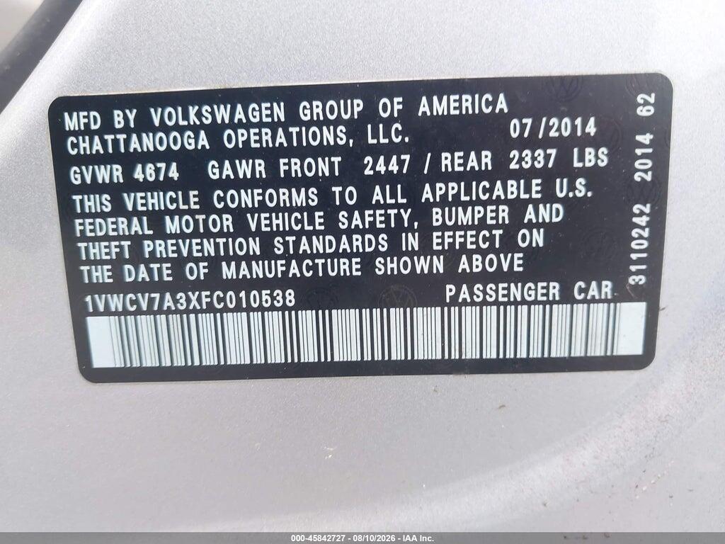 1VWCV7A3XFC010538 2015 VOLKSWAGEN PASSAT photo no. 9