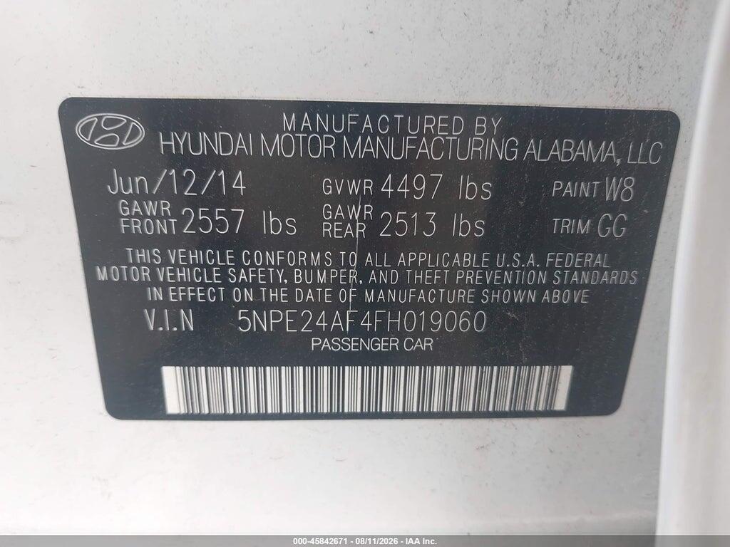 5NPE24AF4FH019060 2015 HYUNDAI SONATA photo no. 9
