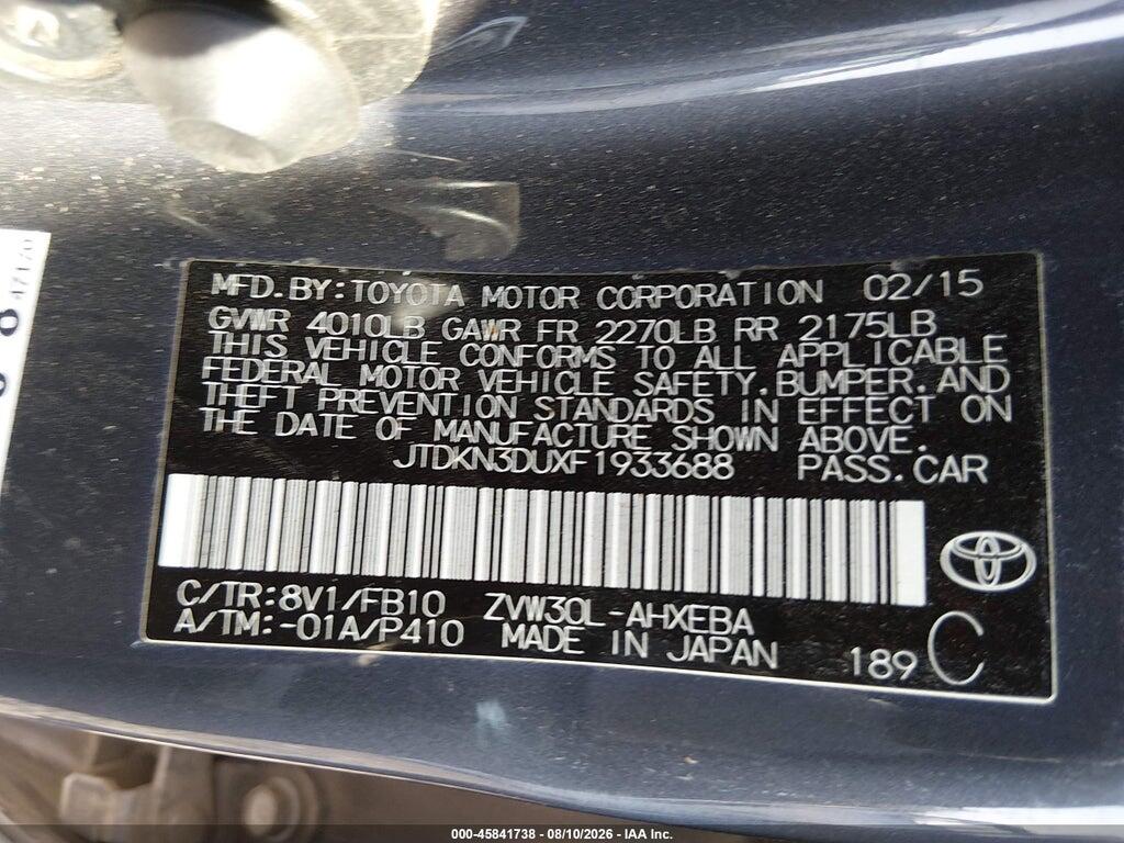 JTDKN3DUXF1933688 2015 TOYOTA PRIUS photo no. 9