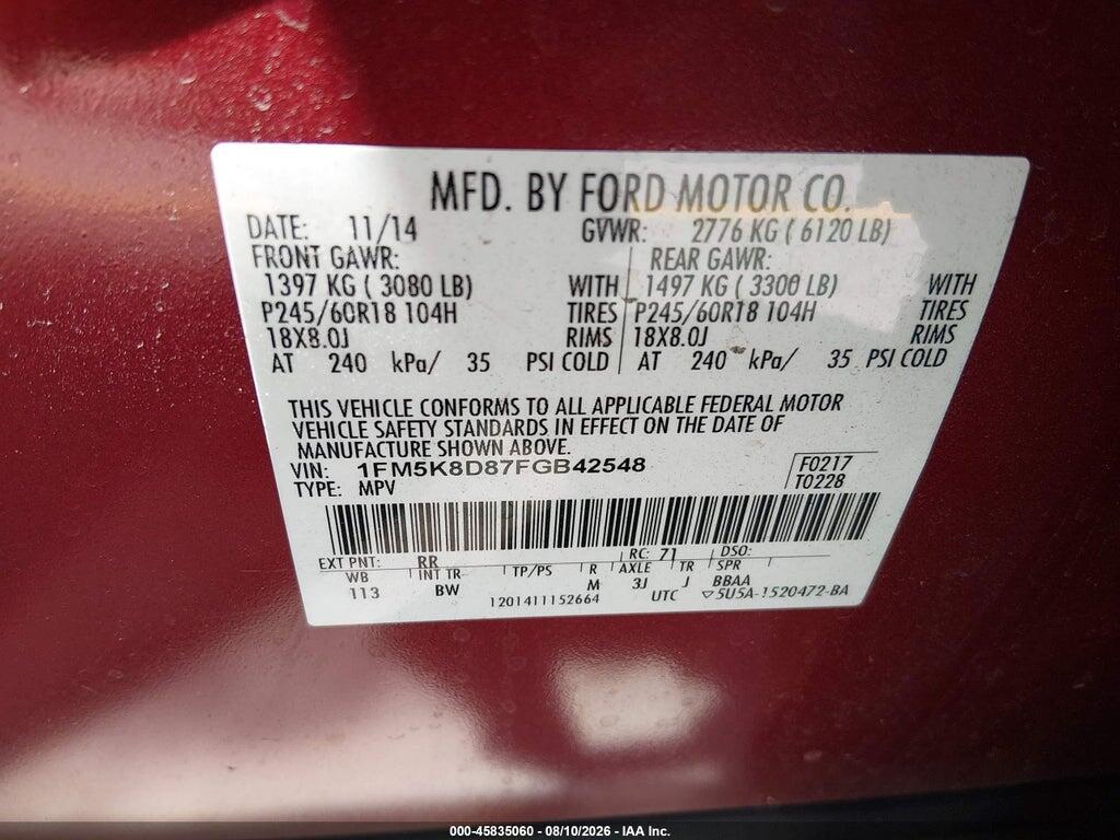 1FM5K8D87FGB42548 2015 FORD EXPLORER photo no. 9