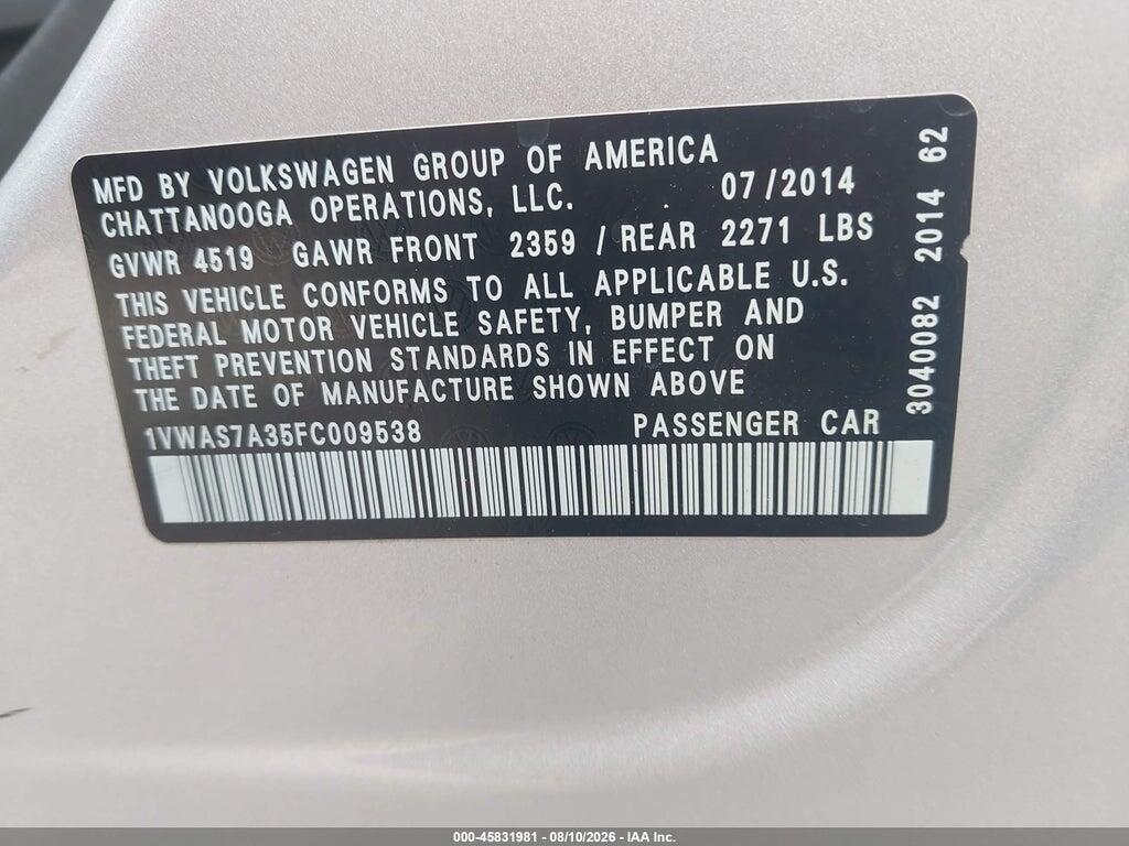1VWAS7A35FC009538 2015 VOLKSWAGEN PASSAT photo no. 9