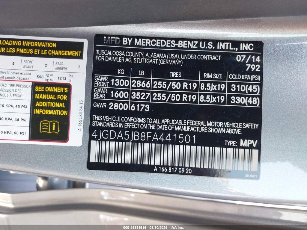 4JGDA5JB8FA441501 2015 MERCEDES-BENZ ML 350 photo no. 9