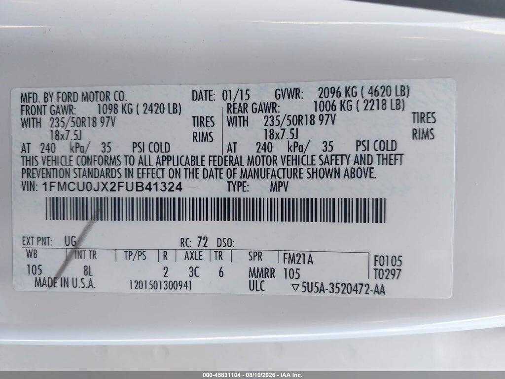 1FMCU0JX2FUB41324 2015 FORD ESCAPE photo no. 9
