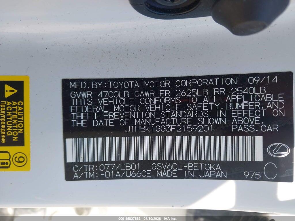 JTHBK1GG3F2159201 2015 LEXUS ES 350 photo no. 9