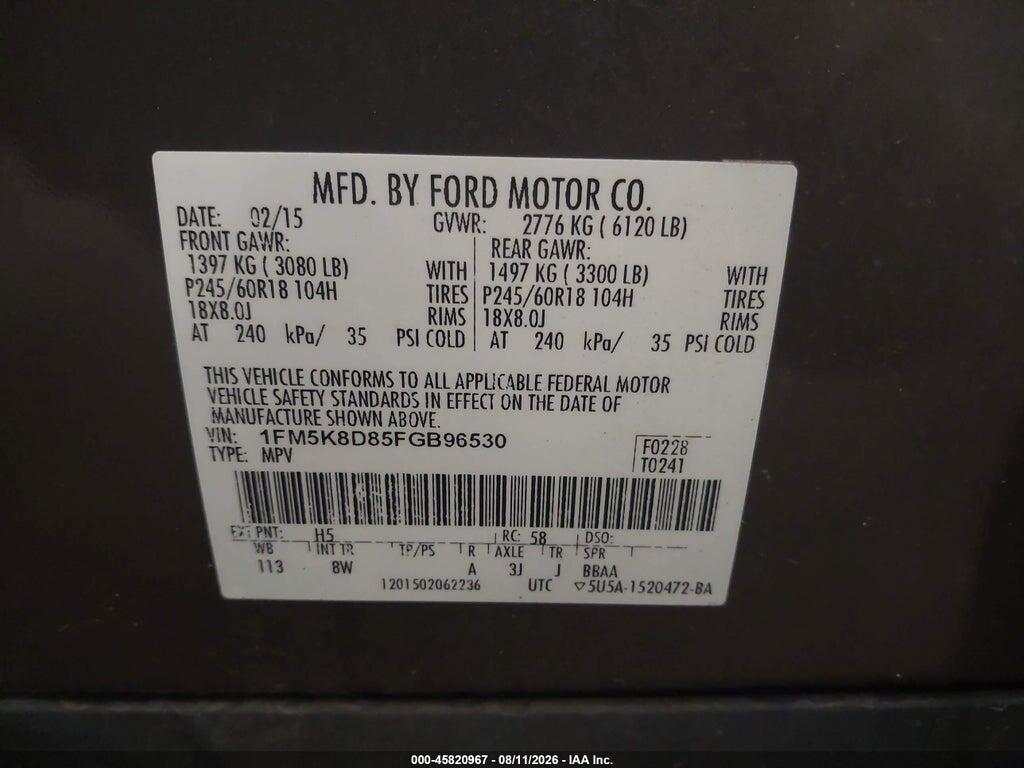 1FM5K8D85FGB96530 2015 FORD EXPLORER photo no. 9