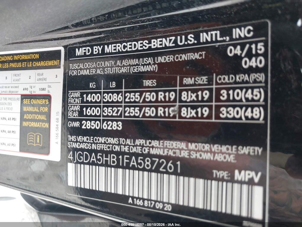 4JGDA5HB1FA587261 2015 MERCEDES-BENZ ML 350 photo no. 9