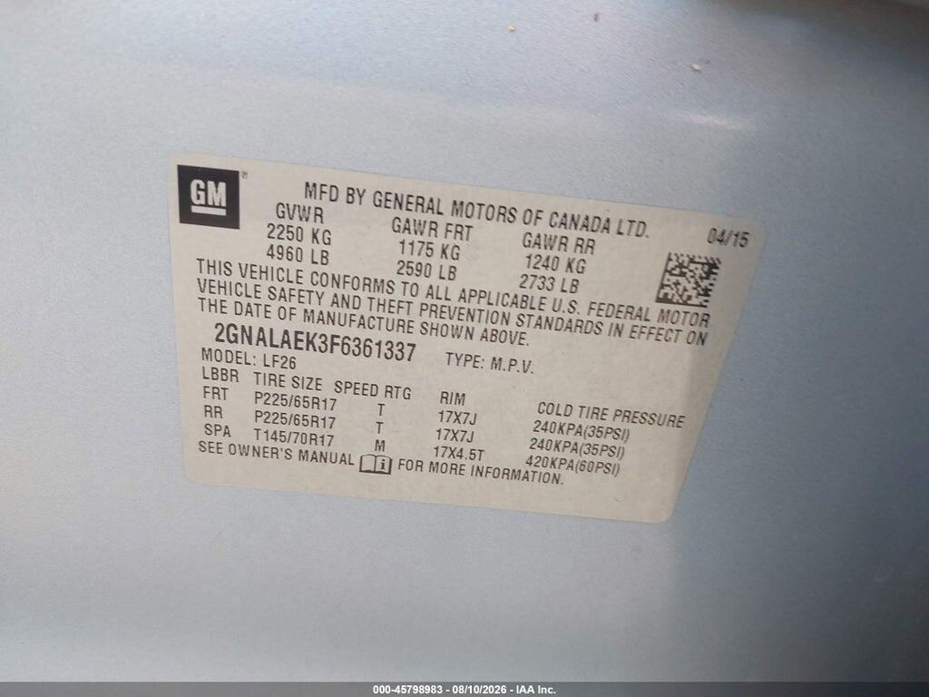 2GNALAEK3F6361337 2015 CHEVROLET EQUINOX photo no. 9