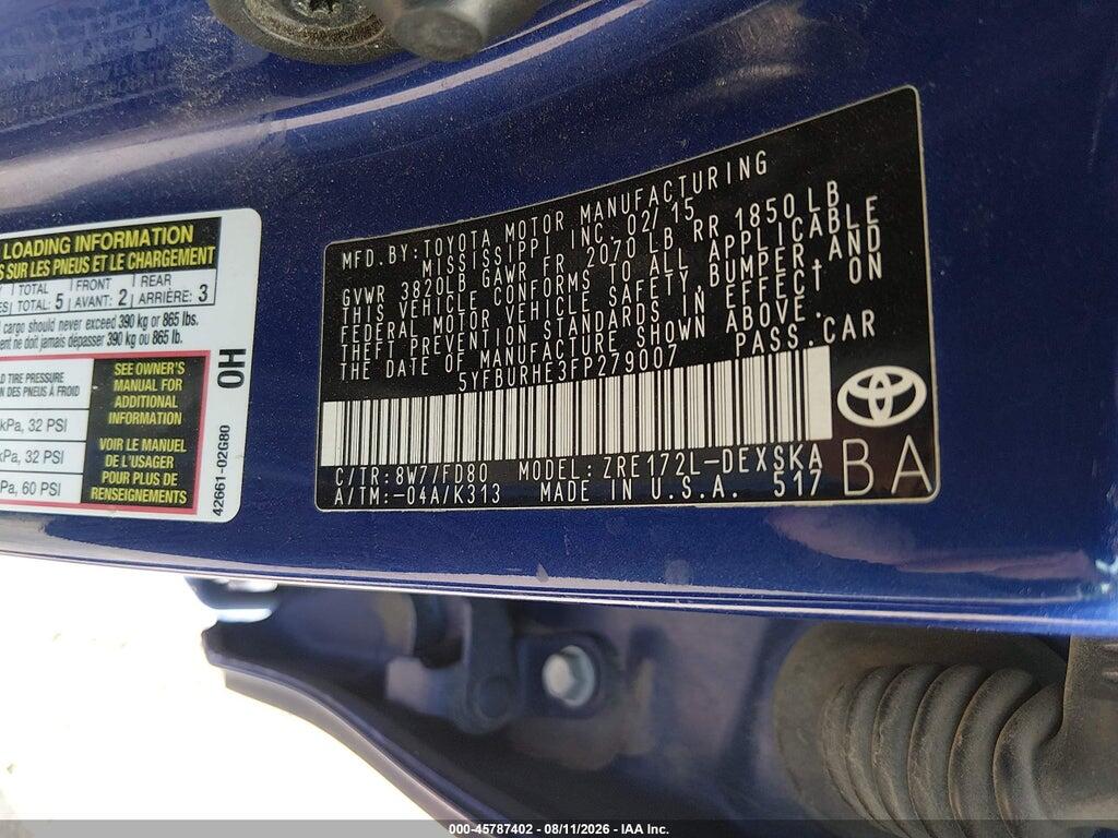5YFBURHE3FP279007 2015 TOYOTA COROLLA photo no. 9
