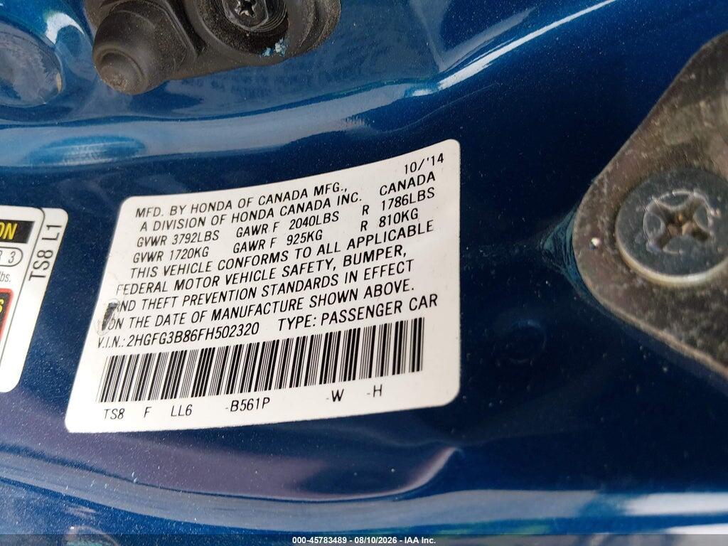 2HGFG3B86FH502320 2015 HONDA CIVIC photo no. 9