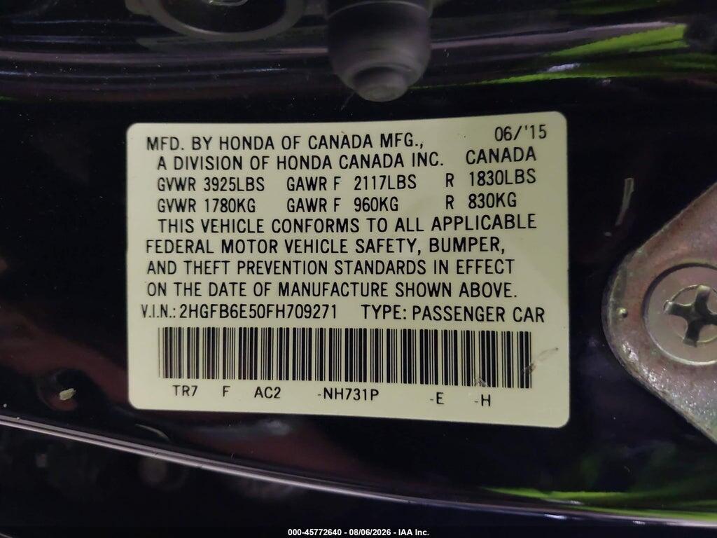 2HGFB6E50FH709271 2015 HONDA CIVIC photo no. 9