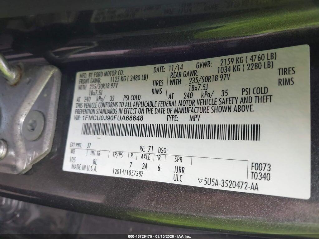 1FMCU0J90FUA68648 2015 FORD ESCAPE photo no. 9