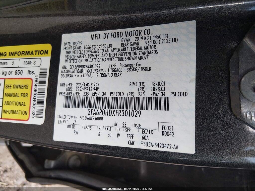 3FA6P0HDXFR301029 2015 FORD FUSION photo no. 9