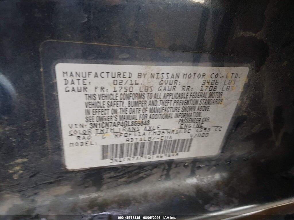 3N1CN7AP4GL869848 2016 NISSAN VERSA photo no. 9