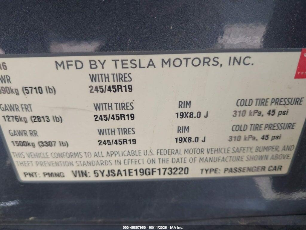 5YJSA1E19GF173220 2016 TESLA MODEL S photo no. 9