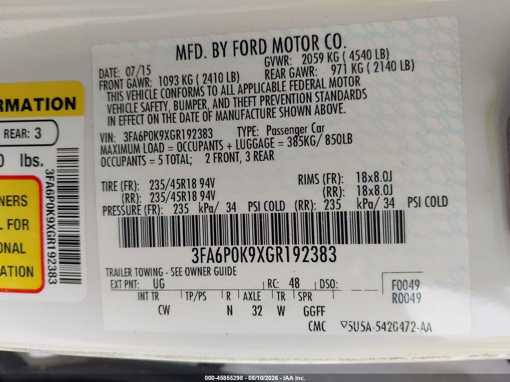 3FA6P0K9XGR192383 2016 FORD FUSION photo no. 9