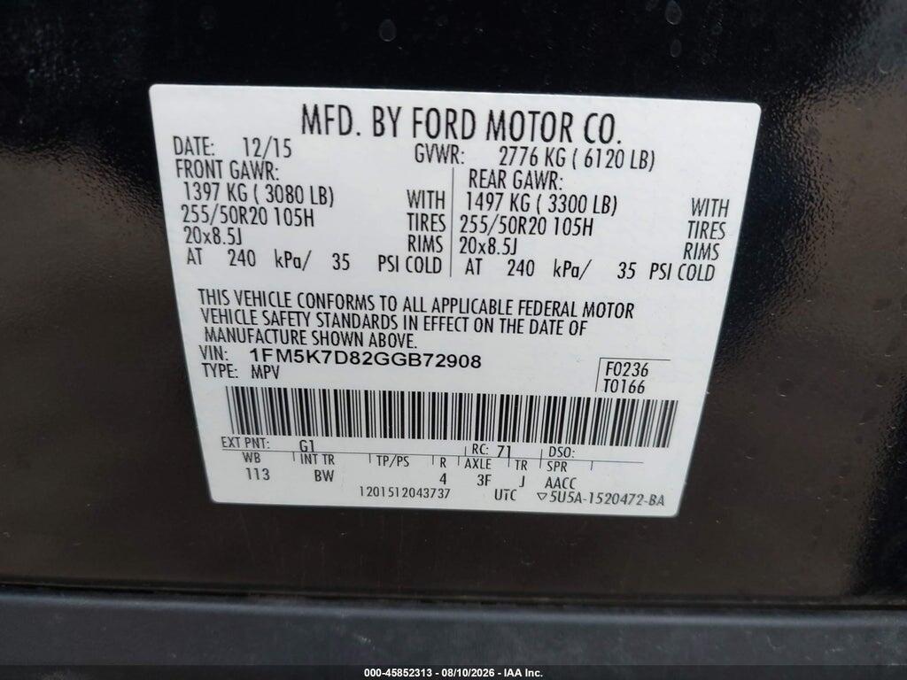 1FM5K7D82GGB72908 2016 FORD EXPLORER photo no. 9