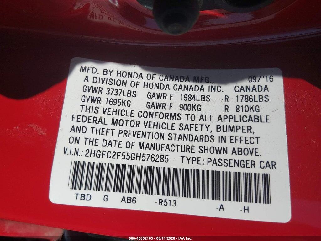 2HGFC2F55GH576285 2016 HONDA CIVIC photo no. 9