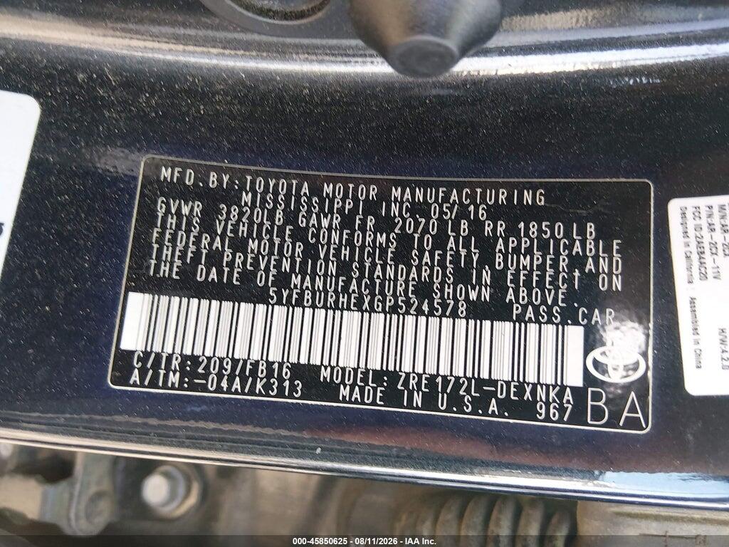 5YFBURHEXGP524578 2016 TOYOTA COROLLA photo no. 9