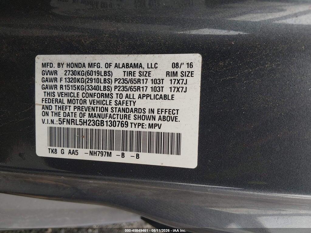 5FNRL5H23GB130769 2016 HONDA ODYSSEY photo no. 9