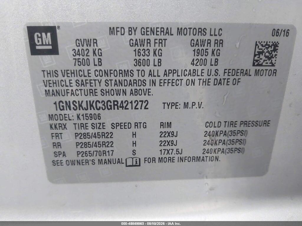 1GNSKJKC3GR421272 2016 CHEVROLET SUBURBAN photo no. 9