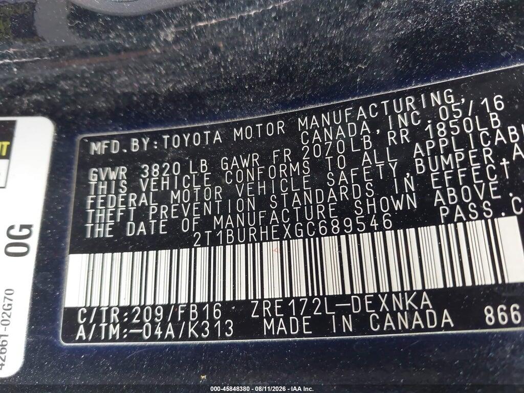 2T1BURHEXGC689546 2016 TOYOTA COROLLA photo no. 9