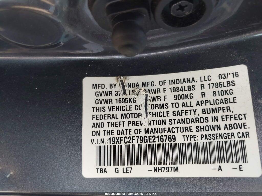 19XFC2F79GE216769 2016 HONDA CIVIC photo no. 9