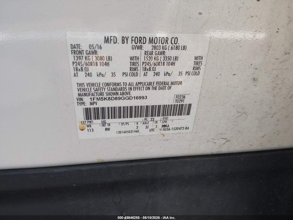 1FM5K8D89GGD16993 2016 FORD EXPLORER photo no. 9