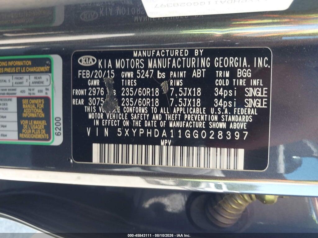 5XYPHDA11GG028397 2016 KIA SORENTO photo no. 9