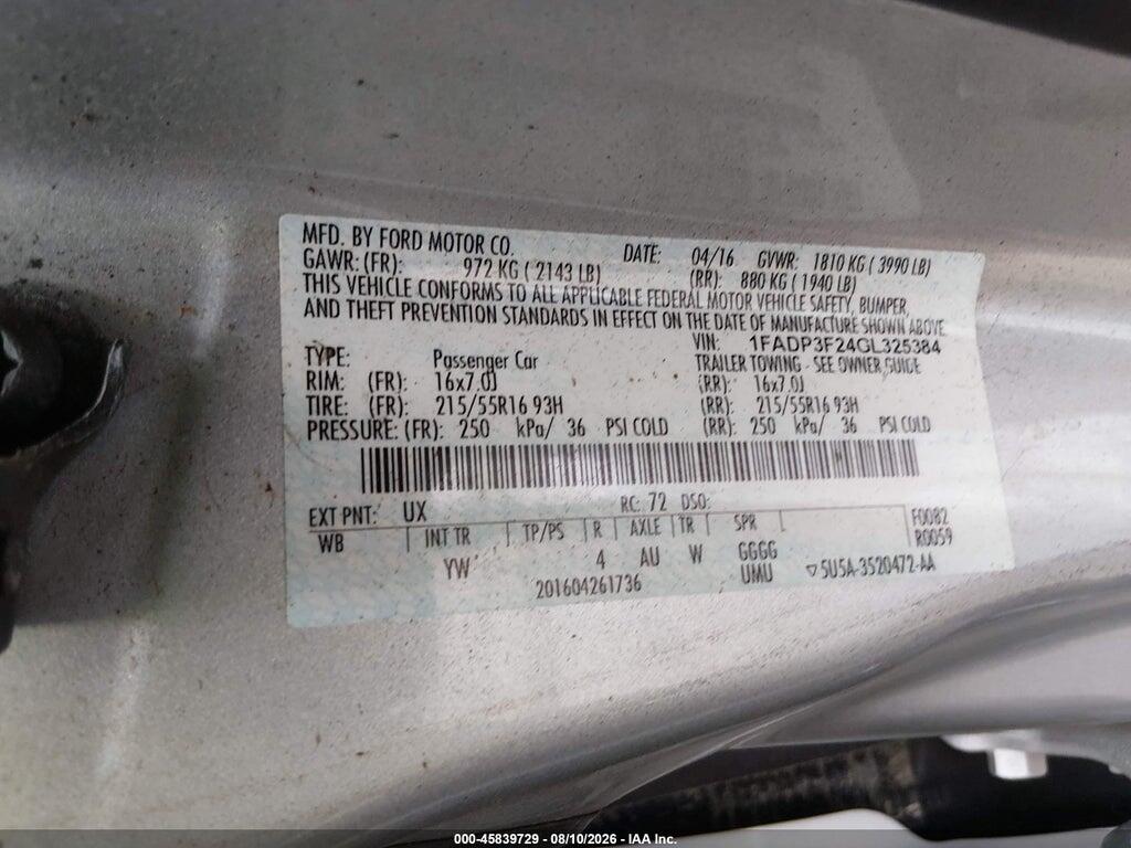 1FADP3F24GL325384 2016 FORD FOCUS photo no. 9