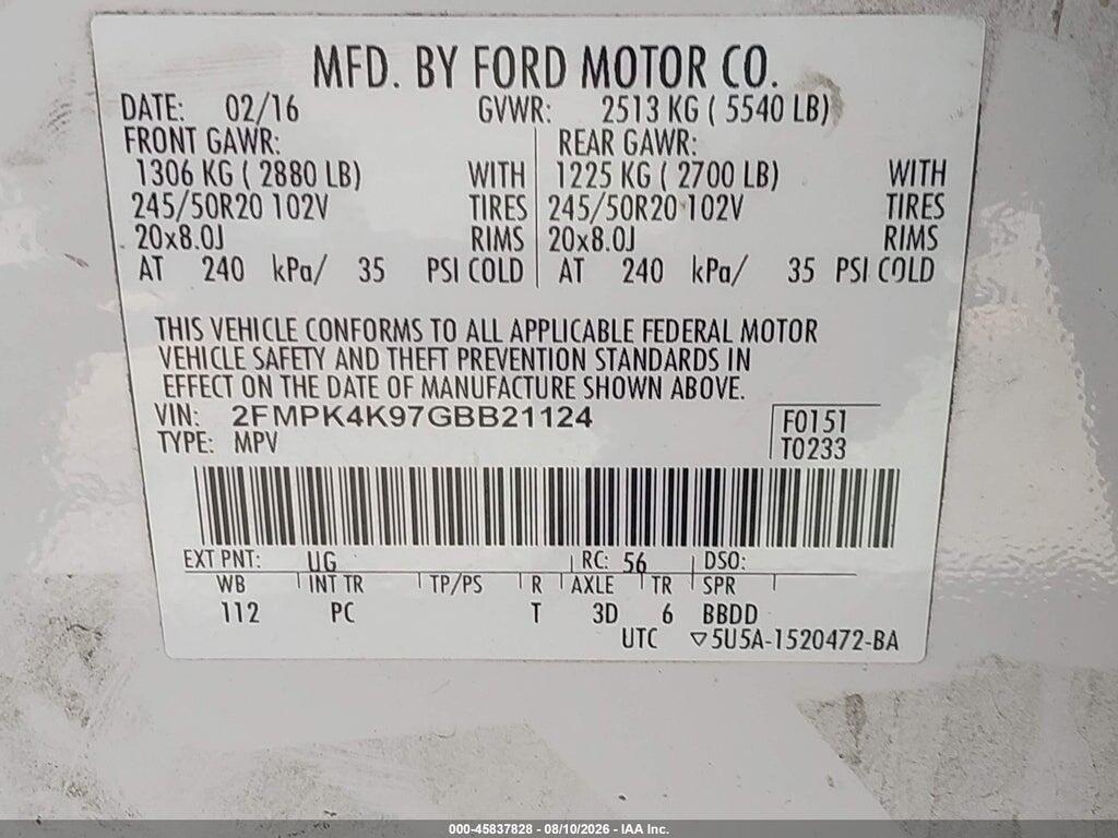 2FMPK4K97GBB21124 2016 FORD EDGE photo no. 9