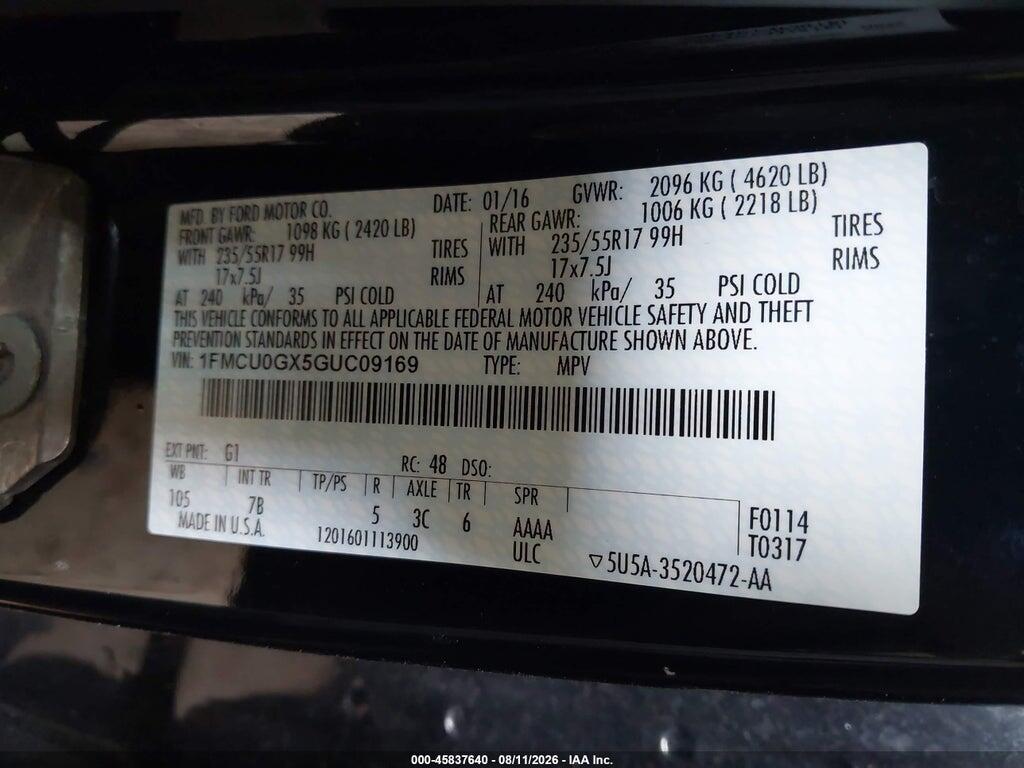 1FMCU0GX5GUC09169 2016 FORD ESCAPE photo no. 9