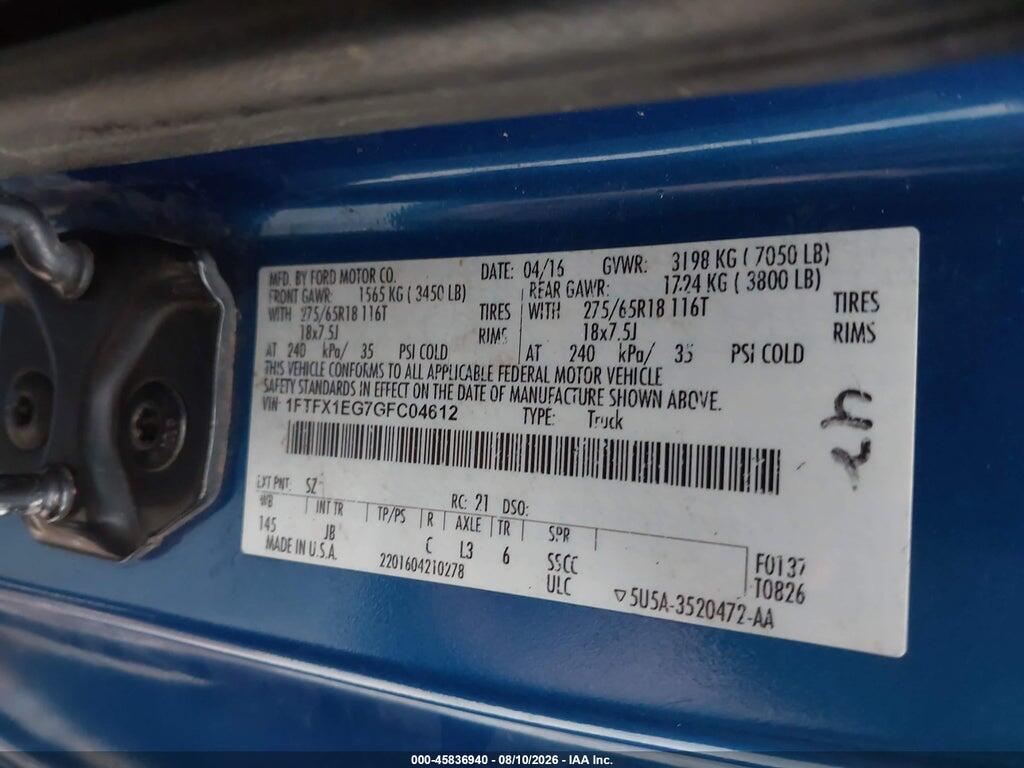 1FTFX1EG7GFC04612 2016 FORD F-150 photo no. 9